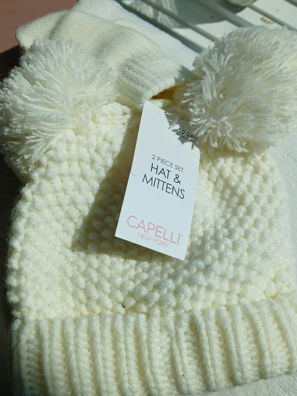 Capelli of New York Cream Knit Pom Pom Hat & Mittens Set - Baby 12-24 Months